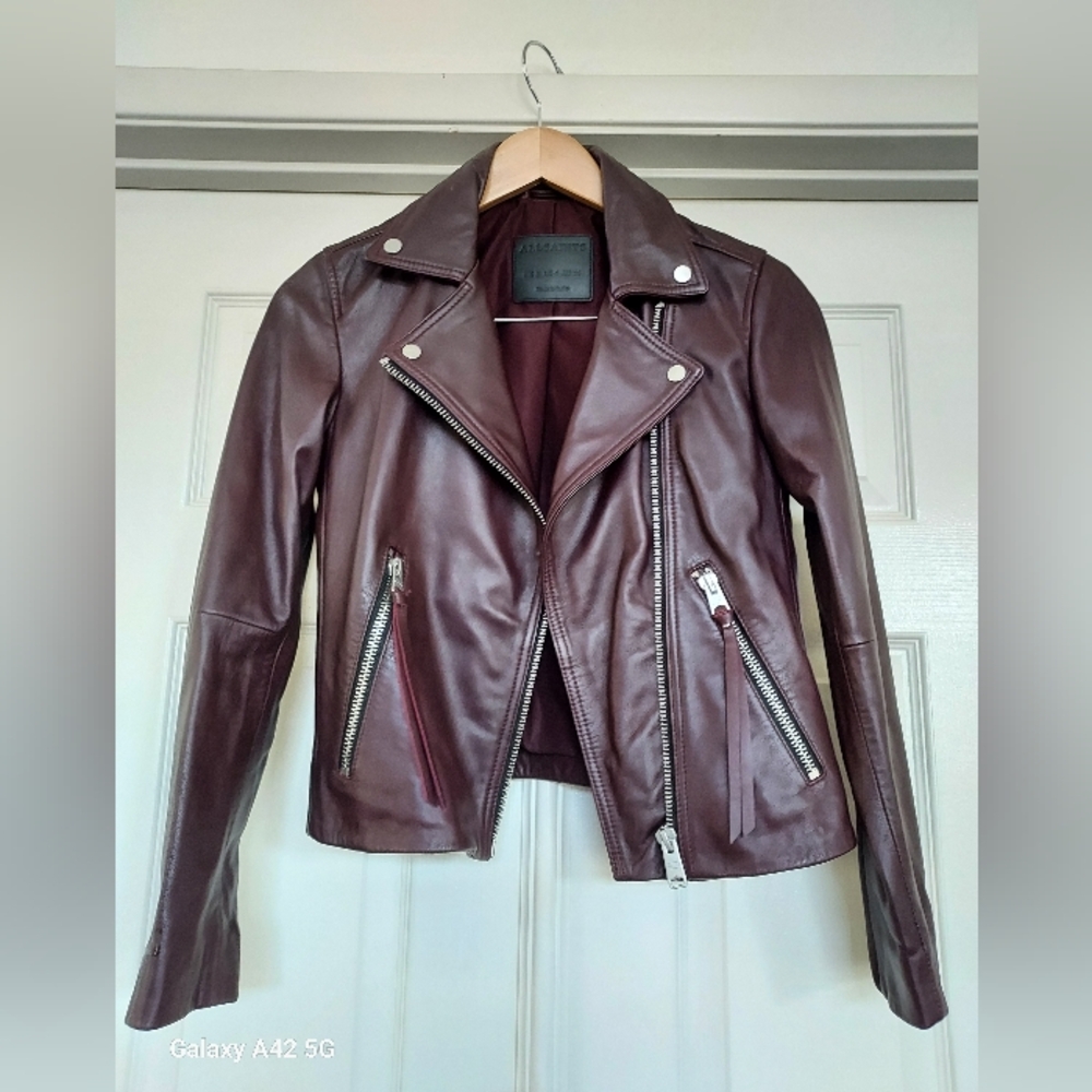 EUC Like New Conditon Allsaints Dalby Biker Jacket, Burgundy size 4 (XS) - Picture 1 of 7